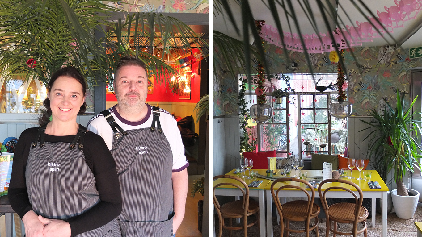 Två bilder, ett par och en caféinteriör.