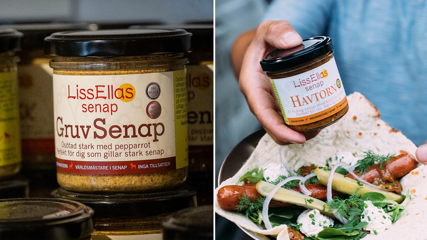 Collage: Senapsburkar från LissEllas och mjukt tunnbröd med korv.