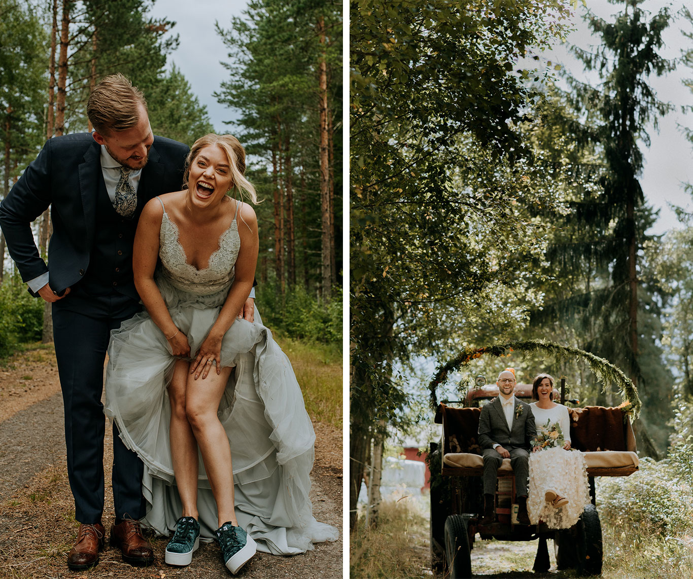 Brudpar i Dalarna fotograferade utomhus i skogen av bröllopsfotograf Marta Englund.