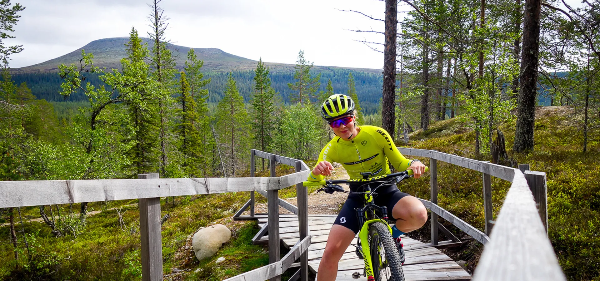 En kvinna i gula kläder på en cykel på en spång i skogen.