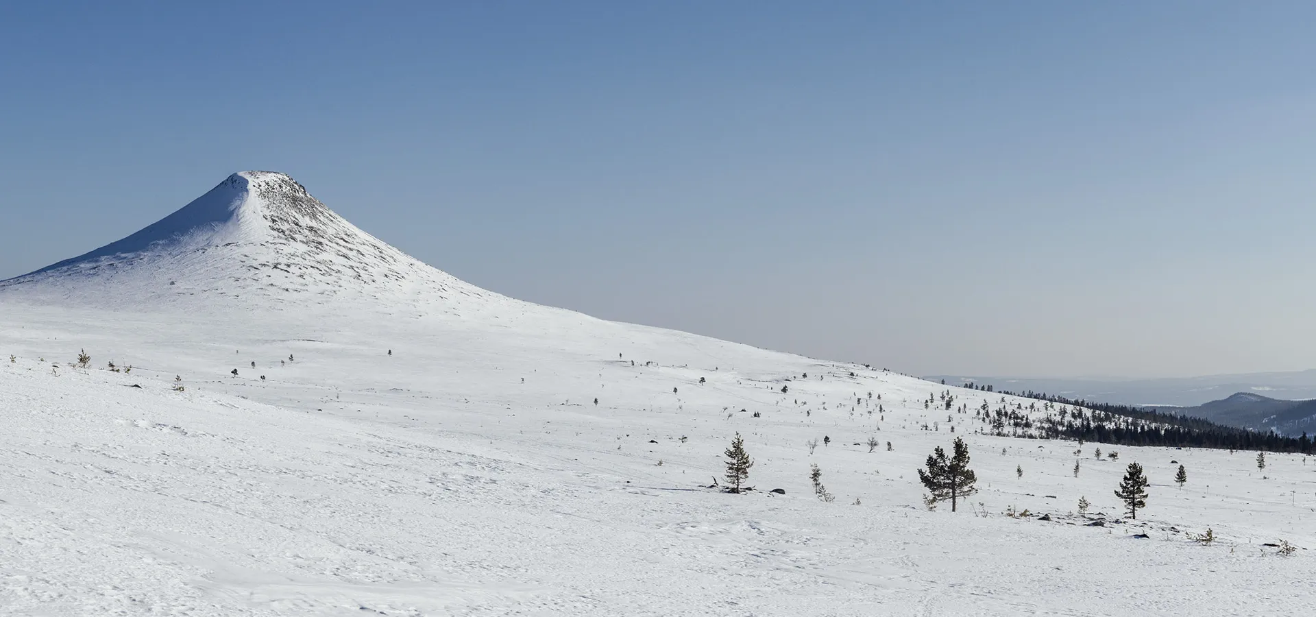 Vintervy över fjälltoppen Städjan.