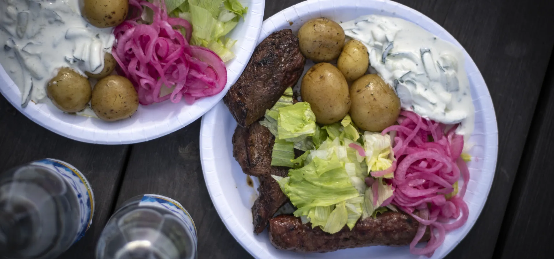 Plate with grilled food.