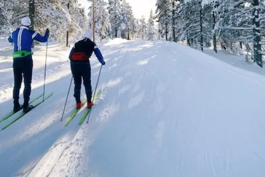 Två personer som åker längskidor.