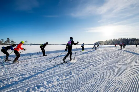 Tjejer som åker i vasaloppsspåret.