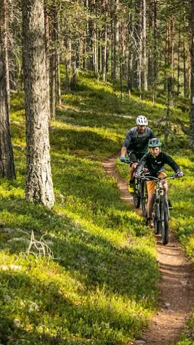 Två personer som cyklar på en skogsstig.