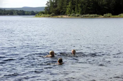 Three persons swimming in a lake