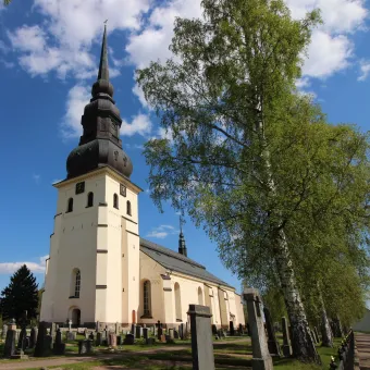 Stora Tuna Church, white with high steeple.