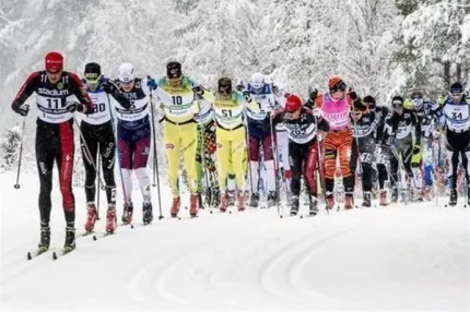 Skiers in a row