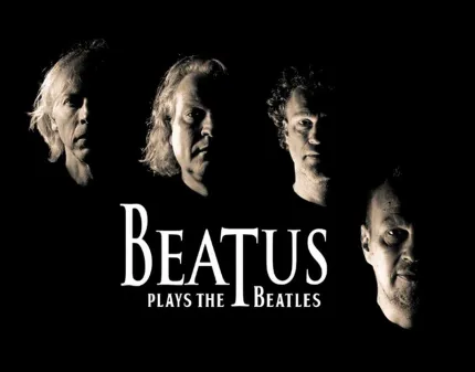 Fyra män, svart bakgrund, text med vita bokstäver Beatus plays the Beatles.