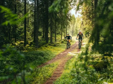 En man och en kille som cyklar på en stig i skogen.