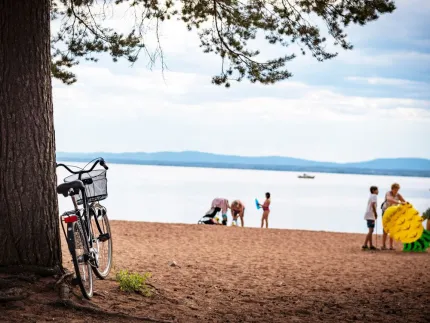 En cykel lutad mot ett träd, sandstrand, barn på stranden, vatten och blånande berg.