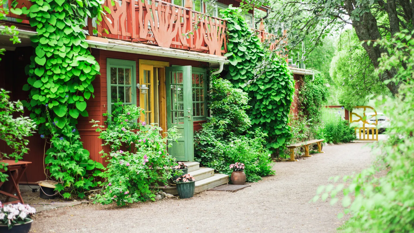 A red old Dalahus with a lush garden.