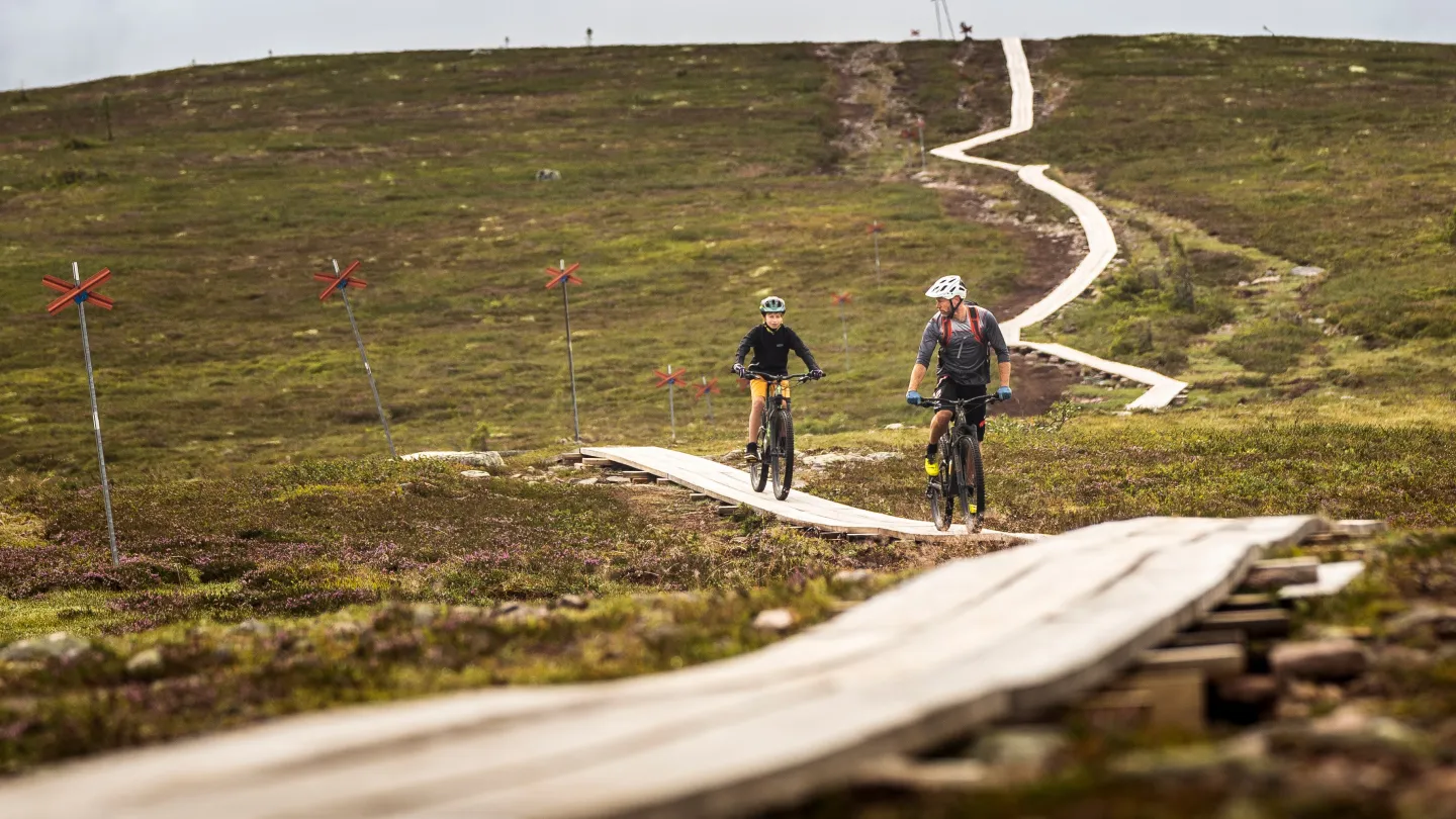 Två personer som cyklar i fjällmiljö.